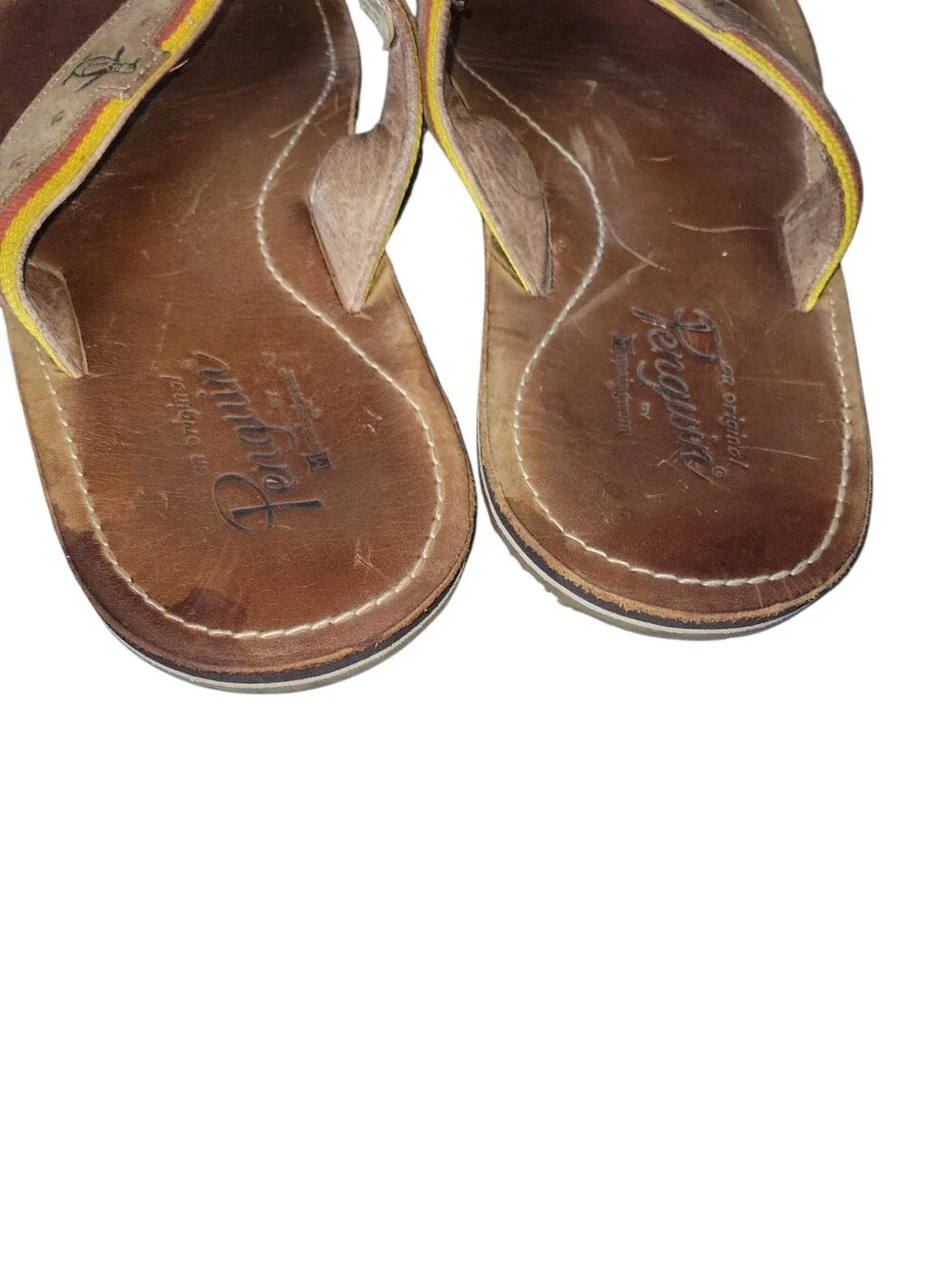 Penguin Men's Tan Leather Flip Flop Multi Colored Striped Rainbow Detail 13